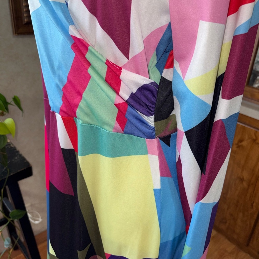 MULTICOLOR ABSTRACT LONG  SLEEVE FAUX WRAP MAXI DRESS. BRIGHT & VIBRANT X-LARGE - Picture 2 of 3